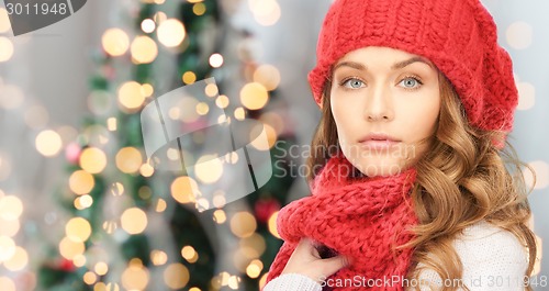 Image of close up of young woman in winter clothes