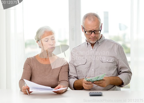 Image of senior couple with money and calculator at home