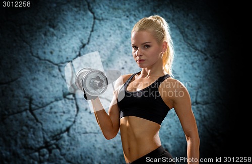 Image of young sporty woman with heavy steel dumbbell