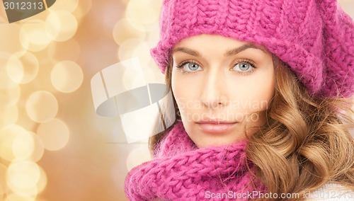 Image of close up of young woman in winter clothes