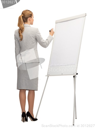 Image of businesswoman or teacher with marker from back