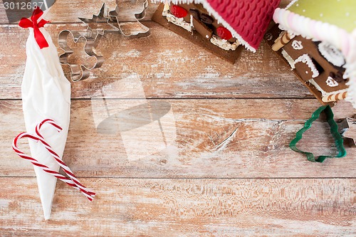 Image of closeup of beautiful gingerbread houses at home