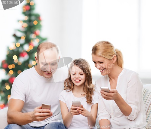 Image of happy family with smartphones