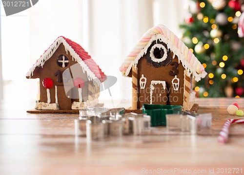 Image of closeup of beautiful gingerbread houses at home