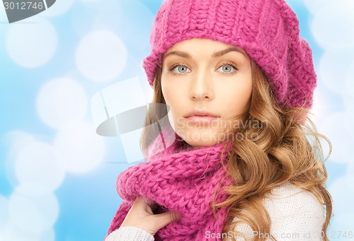 Image of close up of young woman in winter clothes