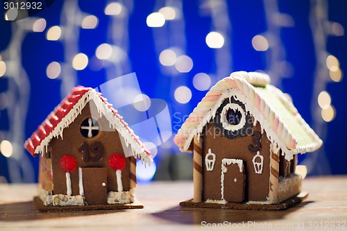 Image of closeup of beautiful gingerbread houses at home