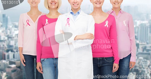 Image of close up of women with cancer awareness ribbons