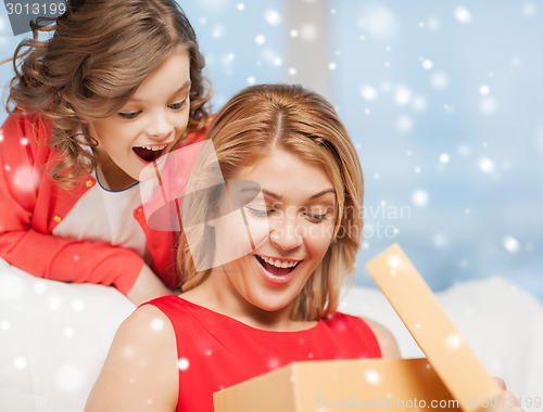 Image of smiling mother and daughter with gift box at home