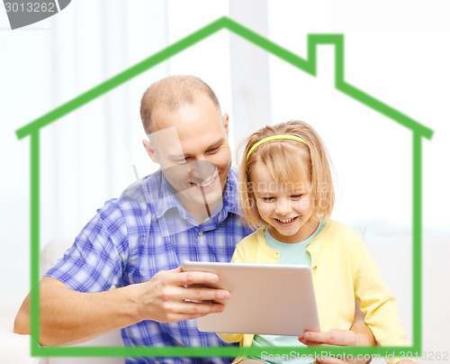 Image of happy father and daughter with tablet pc computer