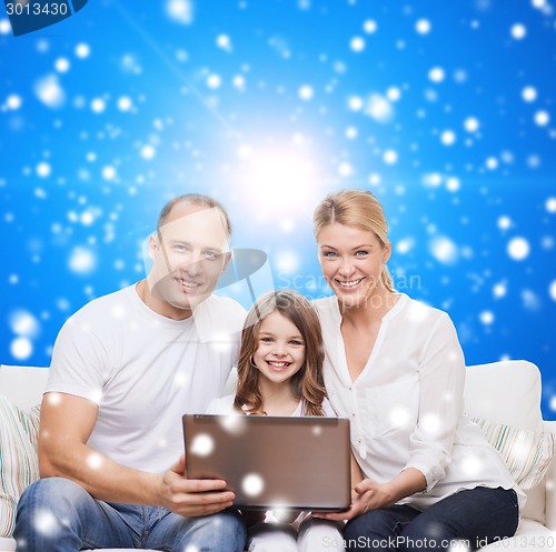 Image of smiling family with laptop