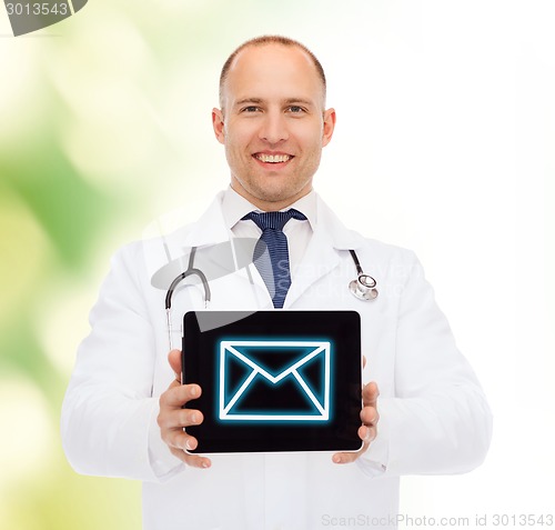 Image of smiling male doctor with stethoscope and tablet pc