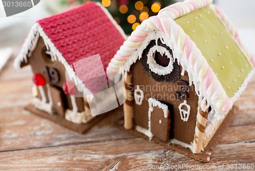 Image of closeup of beautiful gingerbread houses at home