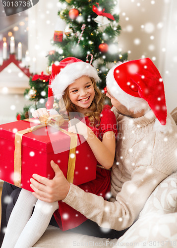 Image of smiling father and daughter holding gift box