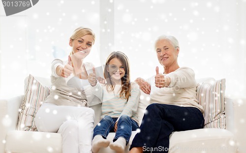 Image of smiling family showing thumbs up at home