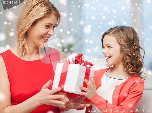 Image of smiling mother and daughter with gift box at home