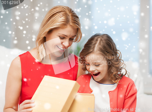 Image of smiling mother and daughter with gift box at home
