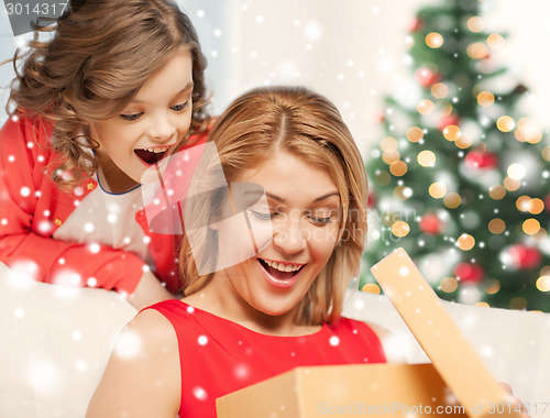 Image of smiling mother and daughter with gift box at home