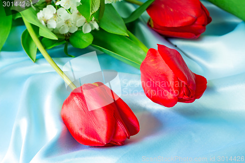 Image of Three bright red tulips against blue silk