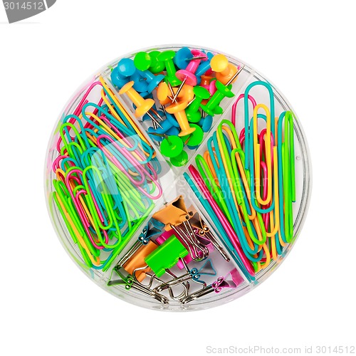 Image of Paper clips and push-pins in a box