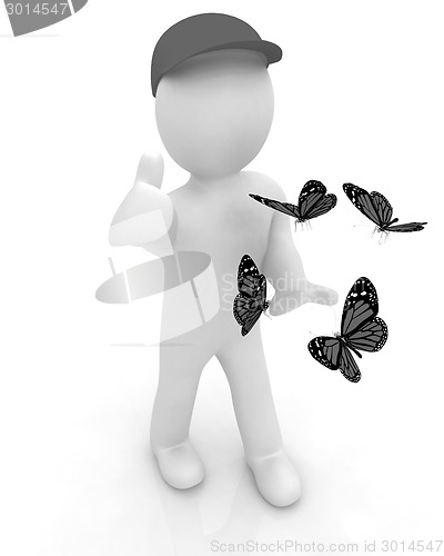 Image of 3d man in a red peaked cap with thumb up and butterflies