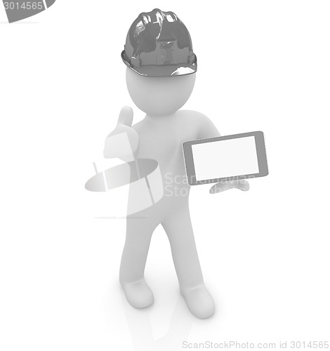 Image of 3d white man in a hard hat with thumb up and tablet pc 