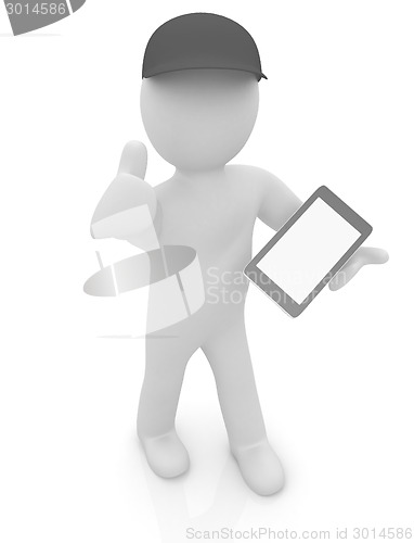 Image of 3d white man in a red peaked cap with thumb up and tablet pc 