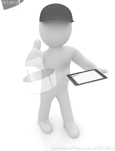 Image of 3d white man in a red peaked cap with thumb up and tablet pc 