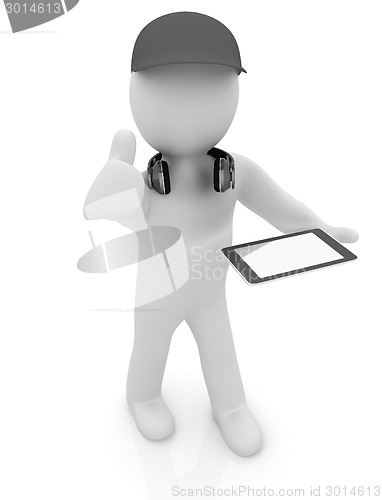 Image of 3d white man in a red peaked cap with thumb up, tablet pc and he