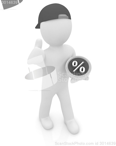 Image of Best percent! 3d man in a red peaked cap keeps the most benefici
