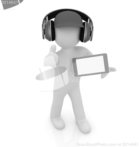 Image of 3d white man in a red peaked cap with thumb up, tablet pc and he