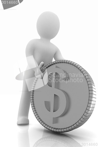 Image of 3d small man with gold dollar coin 