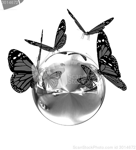 Image of Red butterfly on a chrome reflective sphere