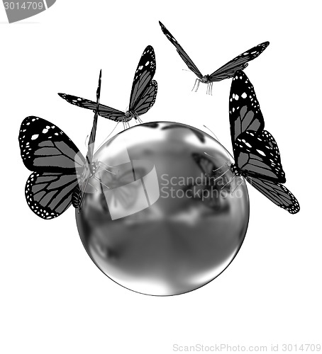 Image of Red butterfly on a abstract 3d gold sphere 