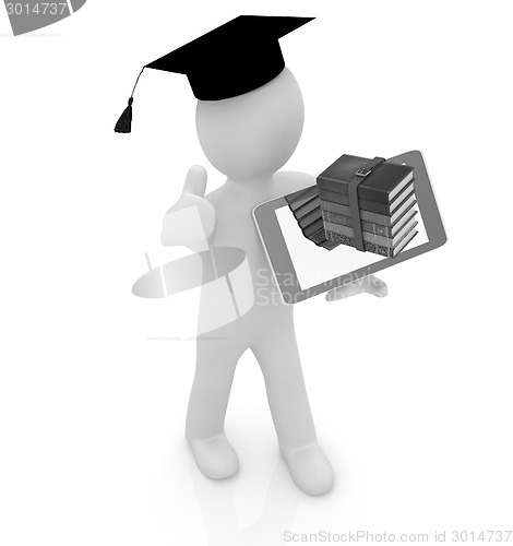 Image of 3d white man in a grad hat with thumb up,books and tablet pc - b