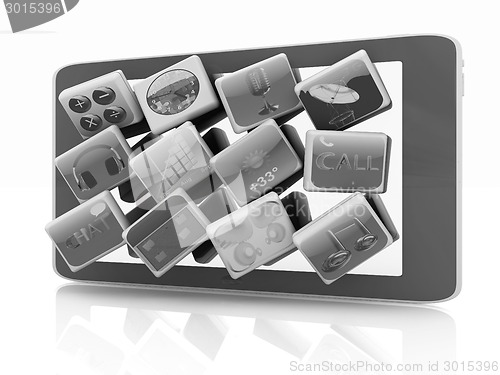 Image of Touchscreen Smart Phone with Cloud of Media Application Icons 