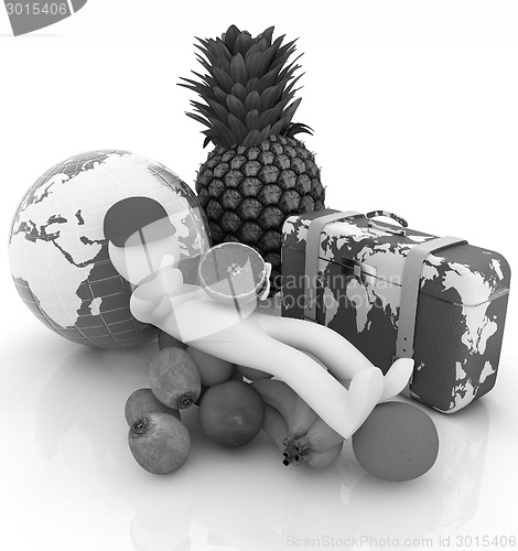 Image of 3d man with citrus,earth and traveler's suitcase 