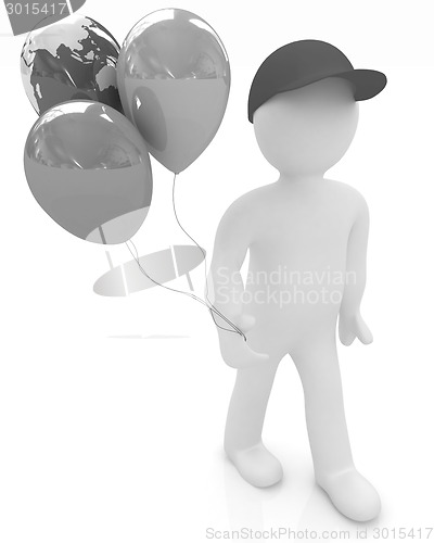 Image of 3d man keeps balloons of earth and colorful balloons . Global ho