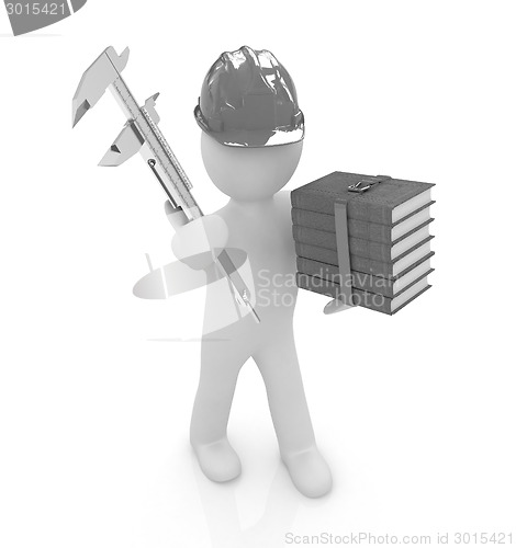 Image of 3d man engineer in hard hat with vernier caliper and best techni