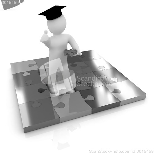 Image of 3d man in a graduation Cap with thumb up with individual puzzles