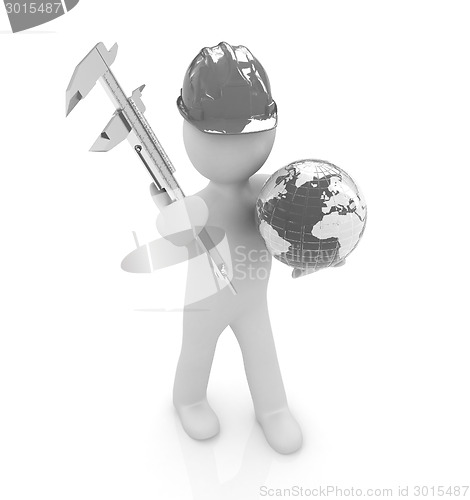 Image of 3d man engineer in hard hat with vernier caliper and Earth