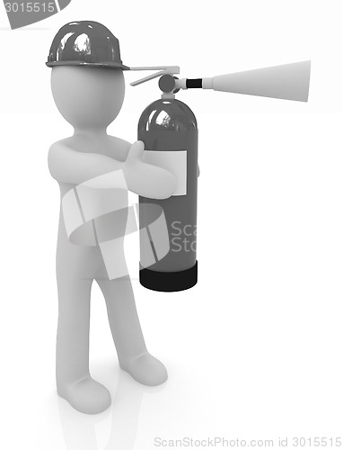 Image of 3d man in hardhat with red fire extinguisher 