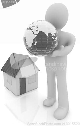 Image of 3d man, houses and earth 