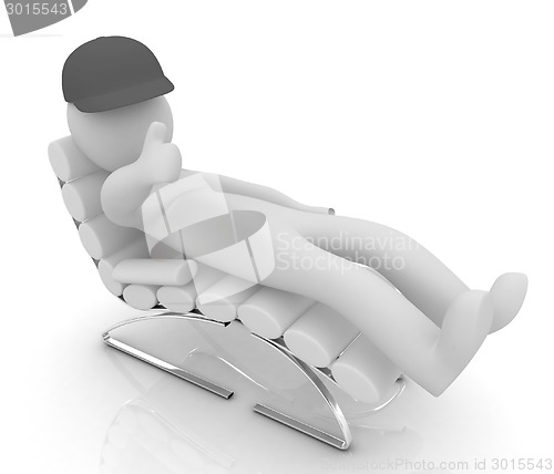 Image of 3d white man lying chair with thumb up