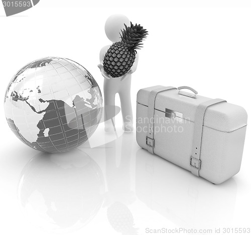 Image of 3d man with pineapple,earth and traveler's suitcase 