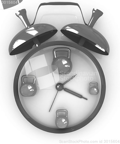 Image of Alarm clock icon with kettlebells. Sport concept 