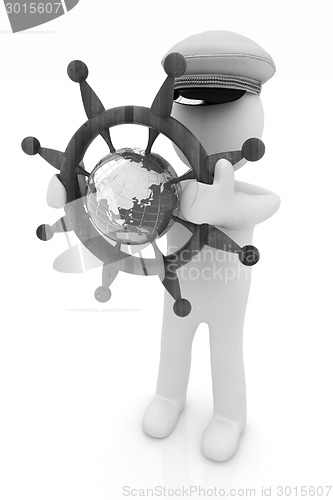 Image of Sailor with wood steering wheel and earth. Trip around the world