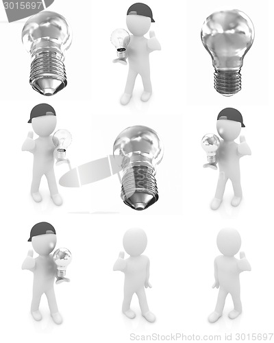 Image of Set of 3d man with energy saving light bulb