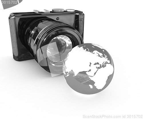 Image of 3d illustration of photographic camera and Earth