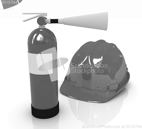 Image of Red fire extinguisher and hardhat 