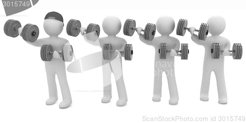 Image of 3d mans with colorfull dumbbells 